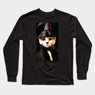 White cat in witch hat Long Sleeve T-Shirt